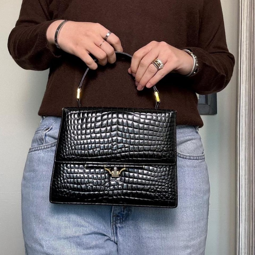 Vintage Leather Black Croc Handbag | 90s It-Girl Staple